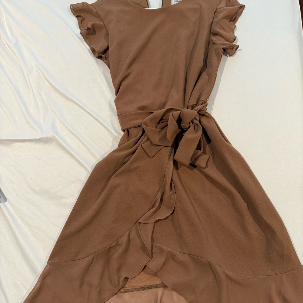 Shelby & Palmer High Low Brown Dress with Ruffle Sleeves
